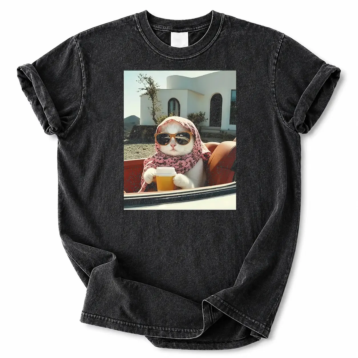 Women's Vintage Shortsleeve Top with Streetwear Cat Print - Baggy and Loose Heavyweight Tshirt, Handcrafted in the USA, Fit, Ring-Spun Cotton, Triple Distress, Vintage Unisex, Tee, Casual, Fabric, Ribbed, Oversized, Loose-Fit, Piece, Crew Neck