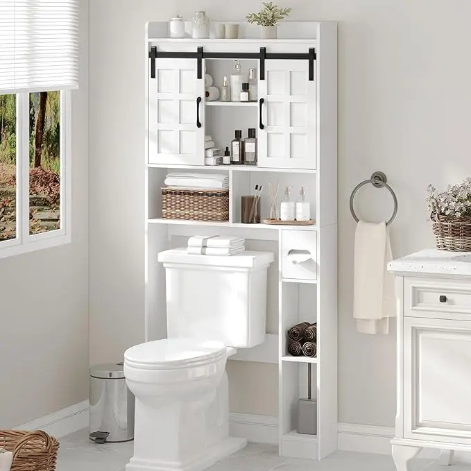 [Summergarden] Vabches Over The Toilet Storage Cabinet, Farmhouse Storage Cabinet Over Toilet with Sliding Doors，Home Space-Saving Toilet Rack, for Bathroom, Restroom, Laundry