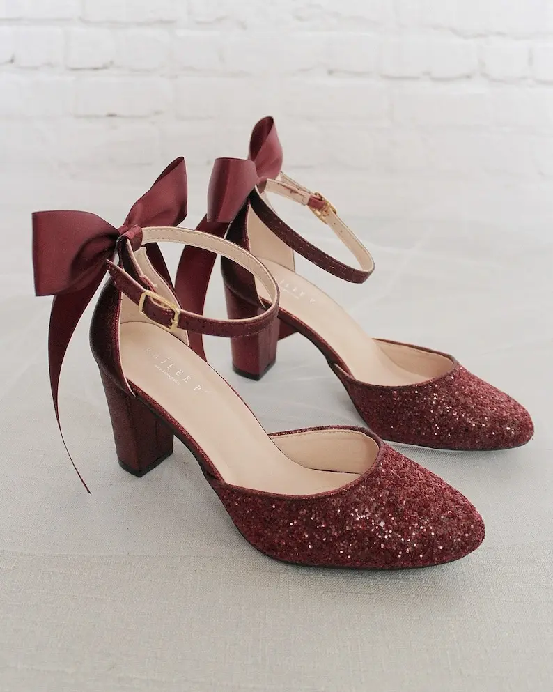 Burgundy Rock Glitter Block Heel with SATIN BACK BOW, Bridal Shoes, Bridesmaids Shoes, Bridal Heels, Christmas Holiday Shoes