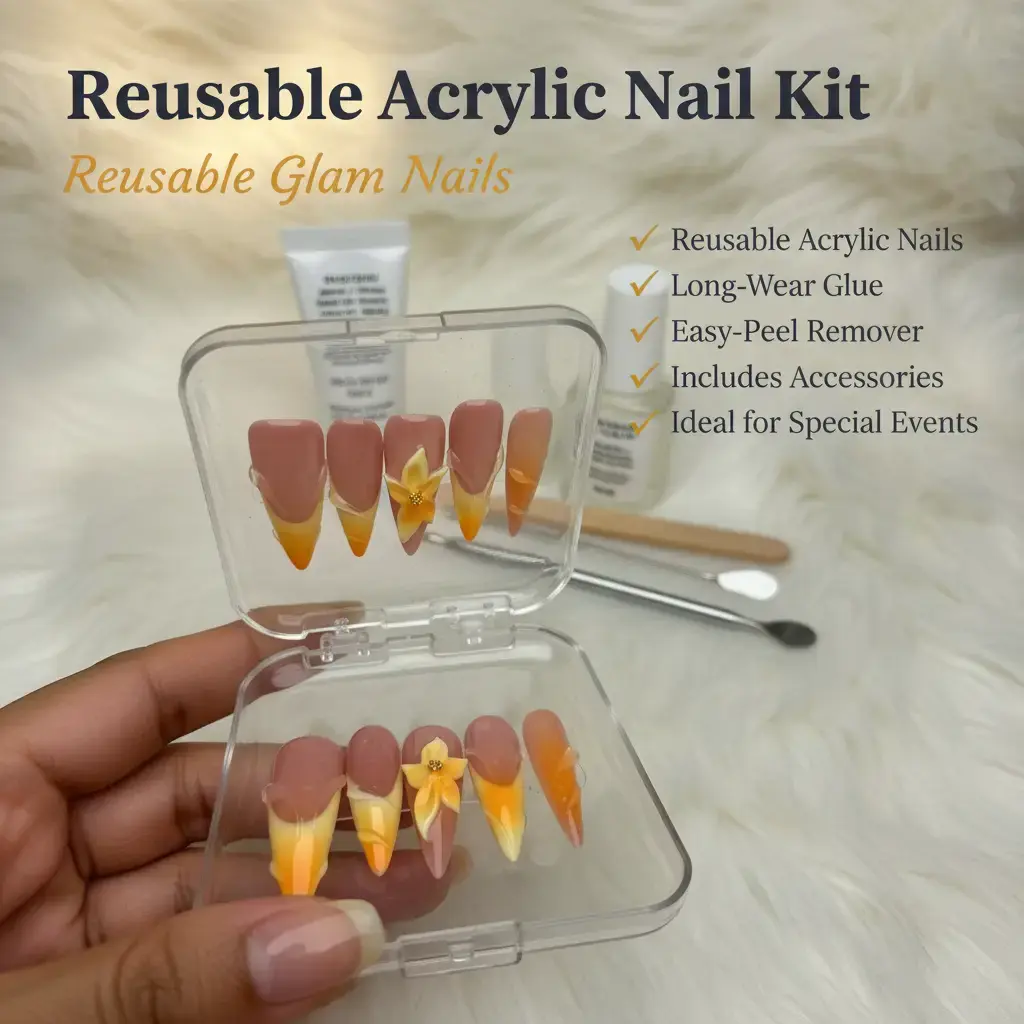 Seletto Women's Reusable Acrylic Press-On Nails Kit - Press On Nails with Long-Wear Glue, Easy-Peel Remover, Accessories, Ideal for Special Occasions, Acrylic Press Ons