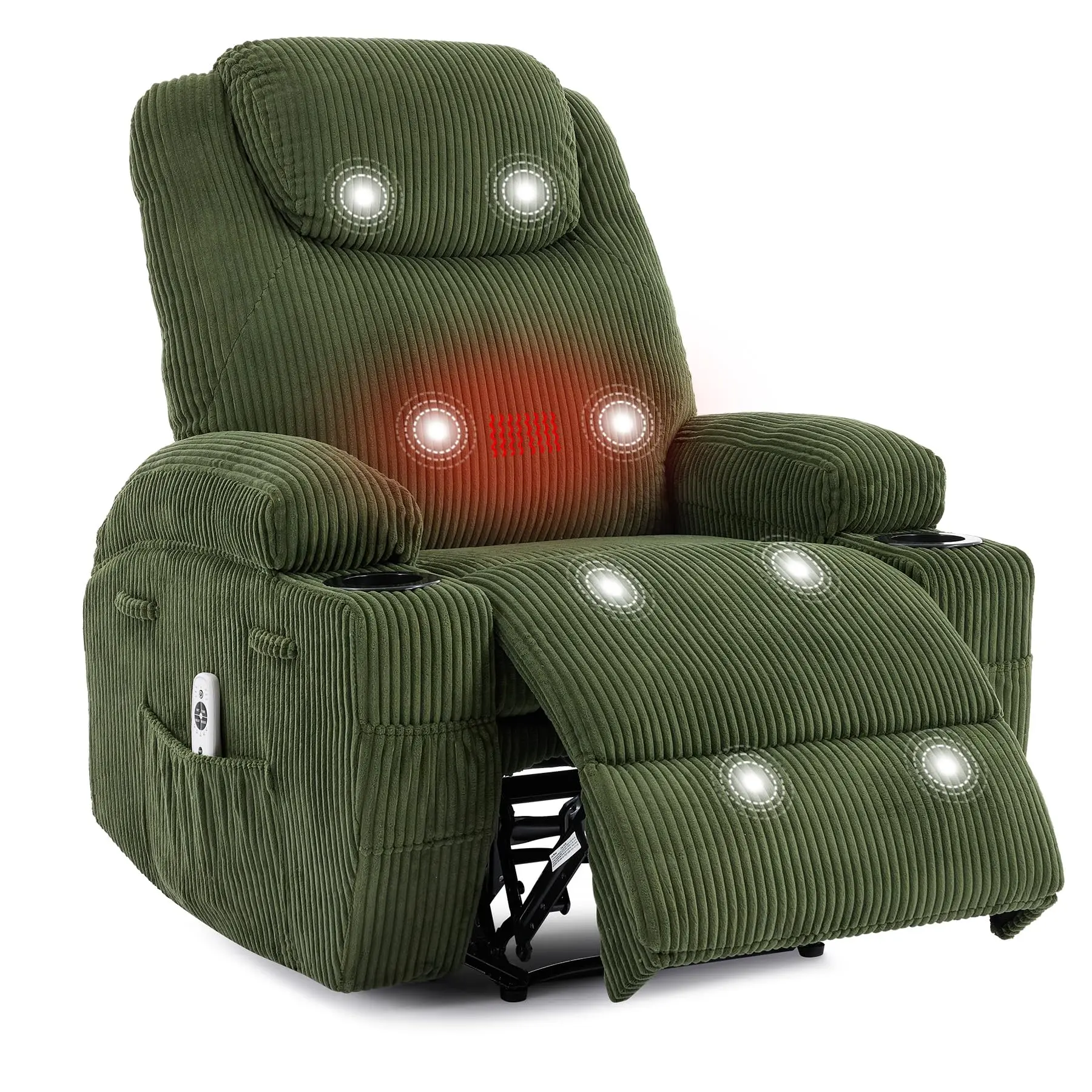 Adult Ultra-Comfort Anti-Static Corduroy Power Recliner Chair - 135° Adjustable Heatable Massage, Dual Cup Holders, Double Storage, Tool-Free Setup, 54cm Wide Seat, Customizable, USB Port - Green