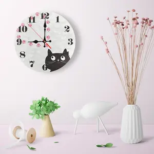12 Inch Silent Non-Ticking Wooden Wall Clock | Adorable Black Cat & Pink Paw Print Art, Great Gift for Cat Lovers, Cat Moms, Perfect for Bedroom, Living Room, Nursery, Cat Cafe, Battery Not Included