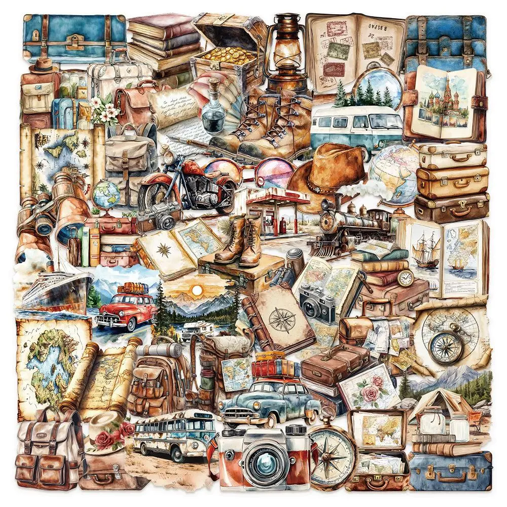 Vintage Travel Series Sticker, 50pcs/set Retro Travel Themed Decorative Sticker, DIY Decals for Scrapbooking, Journaling, Gift Wrapping, Diary Sticker, DIY Decorative Stickers, Scrapbook Accessories
