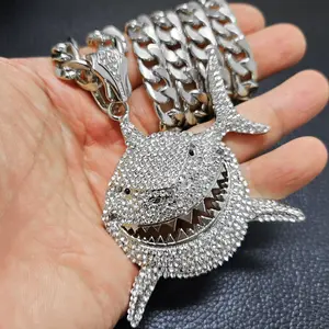 Large Shark Punk Style Pendant & 10mm 18" 20" 24" 30" Iced Cuban Chain Hip Hop Necklace Jewelry Accessory for Men