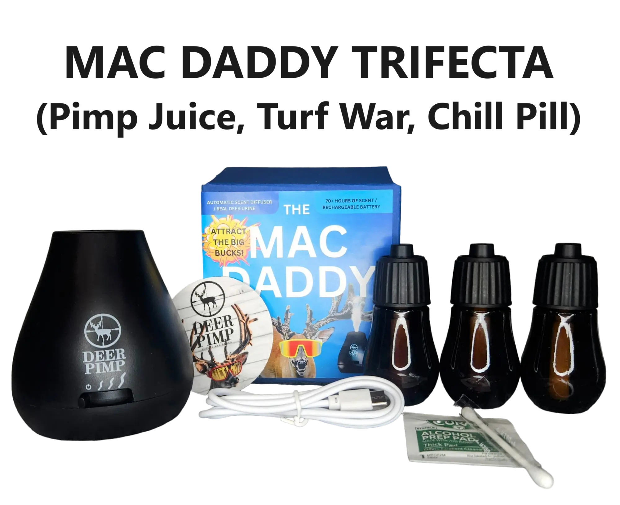 MAC Daddy Trifecta Real Deer Urine Diffuser with (3) Urine Cartridges: ESTRUS, Dominant Buck, and Regular Doe, 100 Hr Run Time Internal Rechargeable Battery, 210+ Hours of Hunting Time
