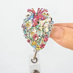 Floral Anatomical Heart Badge Reel, CVICU Nurse Gift, Retractable Acrylic ID Holder, Cardiac Nurse Badge Clip, Medical Staff Wildflower Art