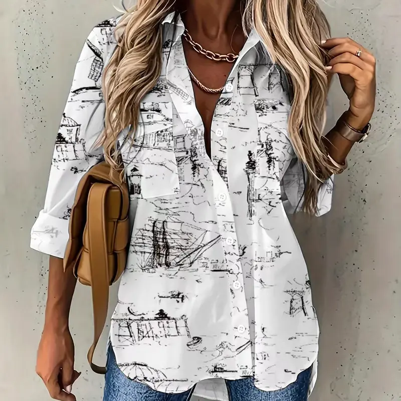 Women's All Over Print Button Front Pocket Shirt, Button Fastening Tops, Casual Fashion Shirt, Casual Long Sleeve Top for Daily Wear, Ladies Clothes for All Seasons