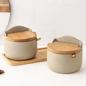 2pcs/1set Rustic Ceramic Spice Jars with Bamboo Lids and Spoons, Durable Kitchen Seasoning Containers, Ideal for Home and Dorm Use, Sealed Jar Set