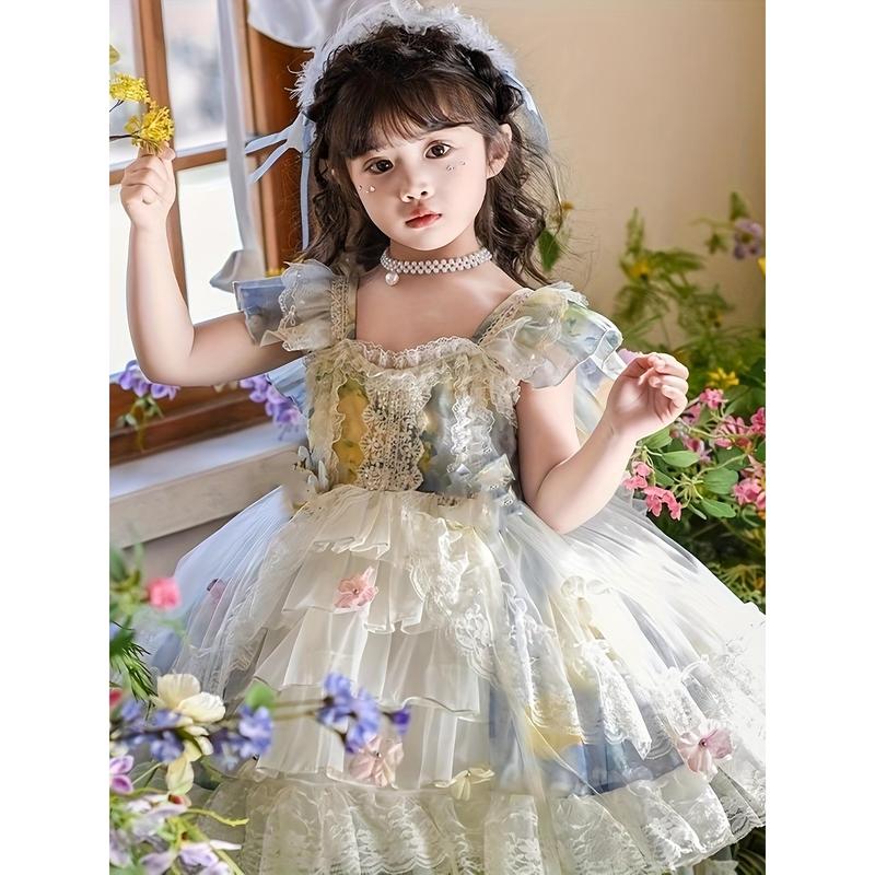 New Girls' Dress Youngsters's Western Princess Skirt Breathable Vest Dress Sleeveless Outfit for Travel Birthday Party Puff-Sleeve Green Floral Casual Wear Beautiful Dress