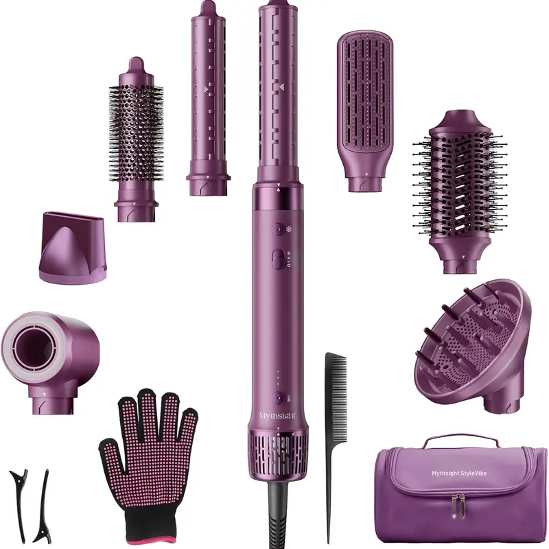 MYTHSIGHT 8-in-1 Ionic Hot Air Styler - Auto-Wrap Curler, High-Speed Hair Dryer, Volumizer, Salon Blowout Tool, Root Lifter, Lightweight, Safe, Balanced Vents, 500m Negative Ions, 3 Heat Settings Suit Your Hair, 3 Speeds, US Plug, Women's Travel Bag