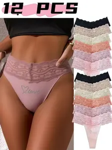 H Women's Lace Thong Panties 6-12Pack Sexy CheekyLow-Rise Bikini Underwear Silky Smooth SeamlessComfort Basic Minimalist Hipster Womenswear Nylon