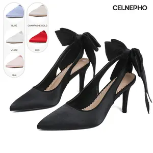 CELNEPHO Heeled Sandals for Women Pointed Toe Stiletto Heel Bow Knot Design Slingback Pumps Easy Slip on Wedding Date Party Prom Dress Shoes