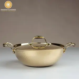 Traditional Pure Brass Cookware/ HandCrafted Brass Utensils/ Hammered Brass Cooking Pot/ Indian Ayurvedic Cookware ( Patila/ Kadai with Lid)