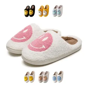 Retro Smiley Face Fluffy Slippers for Women - Preppy Memory Foam House Shoes