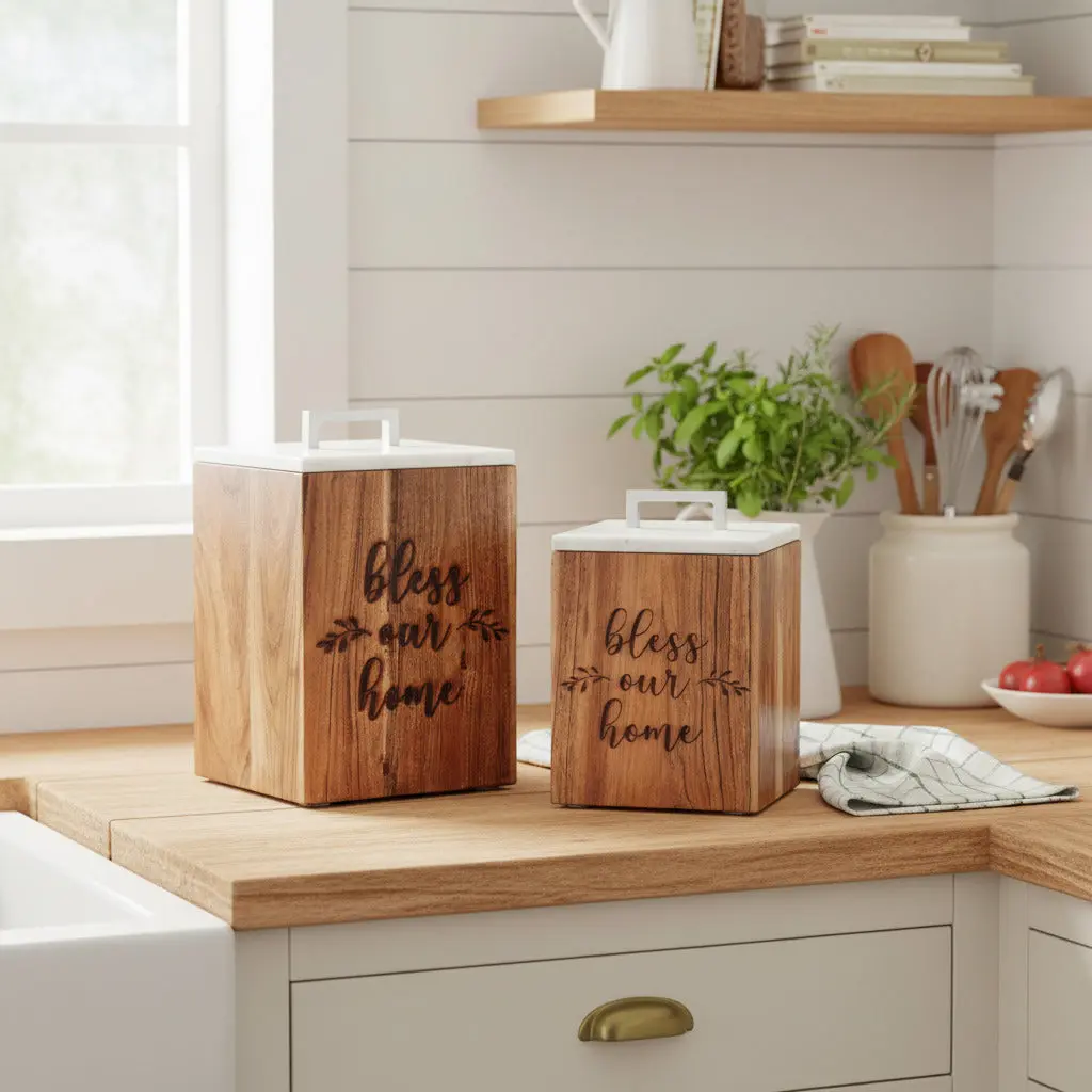 Bless Our Home Farmhouse Kitchen Food-Safe Decorative Wooden Storage Bins with Lids, Multi-Size Wood Canisters for Home Organization