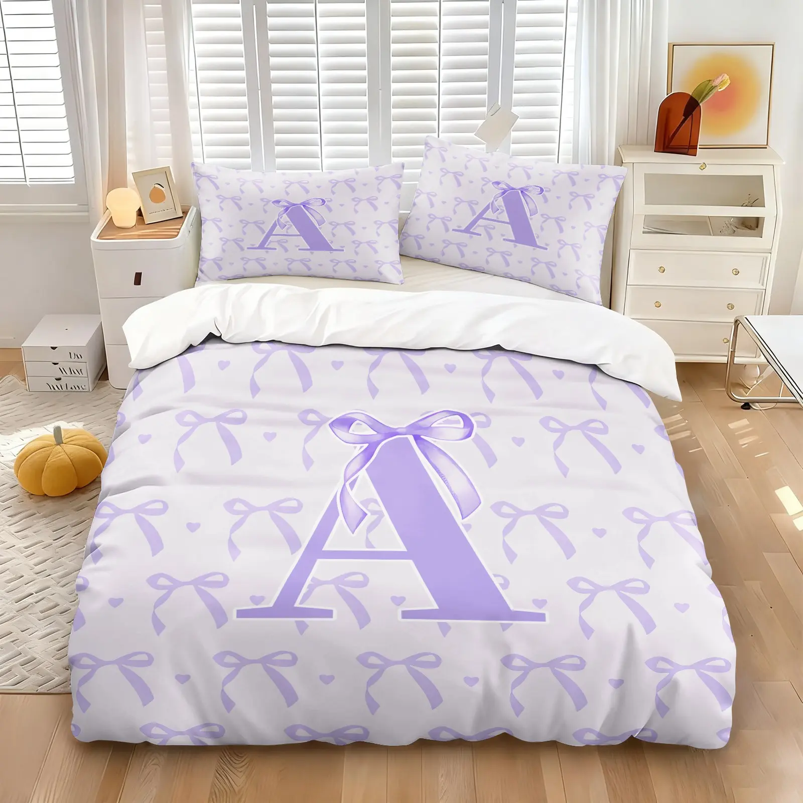 2/3Pcs Coquette Lavender Purple Initial Letter A-Z Duvet Cover Set, Cute Bow Knot Heart Print Comforter Cover, Girly Aesthetic Bedding Set with Pillowcases, No Filler, For Teen Girls Women Bedroom Dorm Decor
