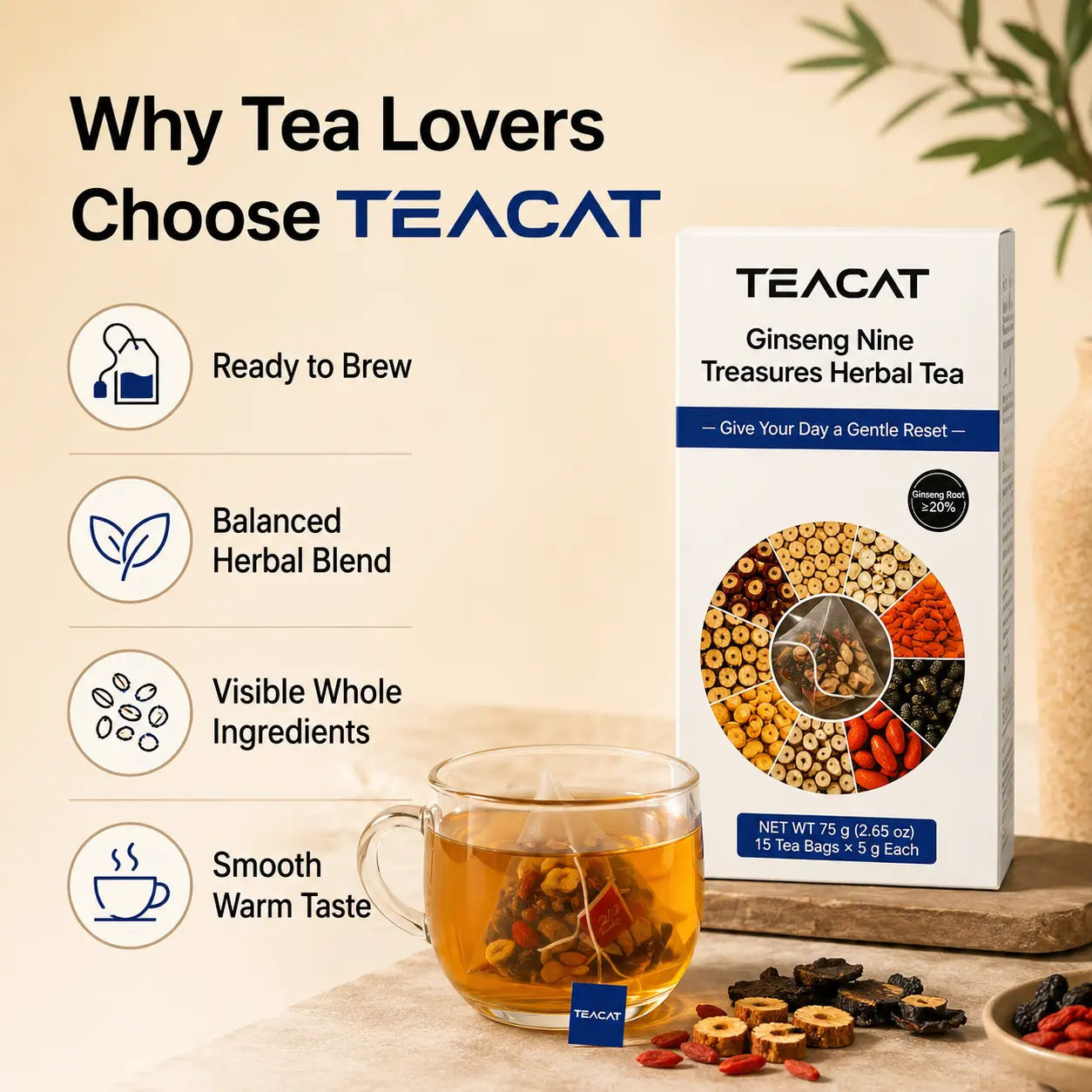 TEACAT Ginseng Nine Treasures Herbal Tea for Men & Women | Traditional Herbal Tea Blend & Daily Cleanse Tea | Natural Botanical Ingredients with Ginseng, Jujube, Maca, Lotus Seed & More | 15 Pyramid Tea Bags