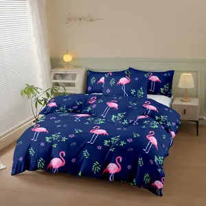 Flamingo Print Thick Flannel Bedding Set, 3 Piece Polyester Fiber Sheet Set, Ultra Soft Breathable, Zipper Design, Suitable for Bedroom and Dormitory