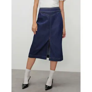 Cider [size 0-10] Denim Mid Waist Buckle Split Maxi Skirt