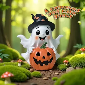 Halloween Cute Pumpkin Ghost Figurine, Resin Craft Home Decor Gift, Handmade Statue for Garden Office Party Decoration