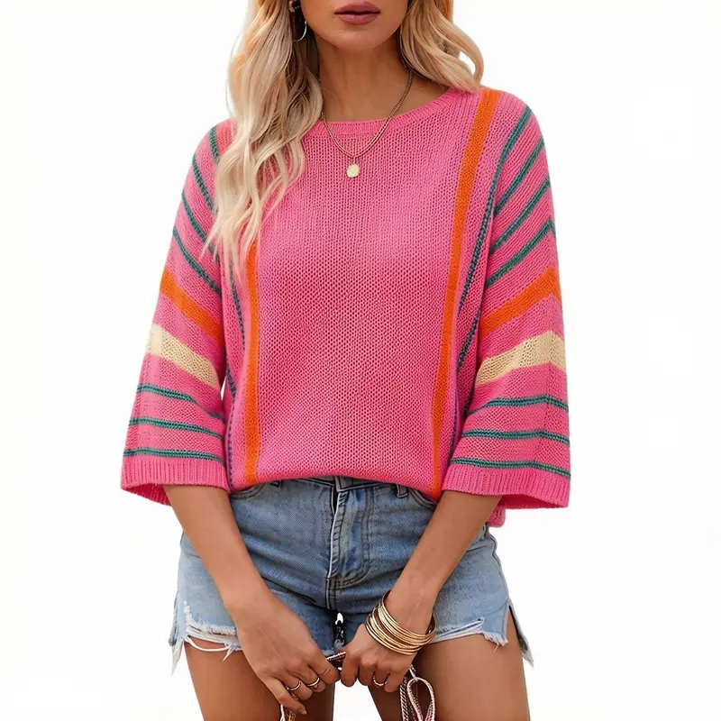 Asvivid Women's Summer Tops Casual Color Block Striped Lightweight Knit Sweater Trendy Fall Spring Fashion Clothes Pullover Sweaters Knitwear