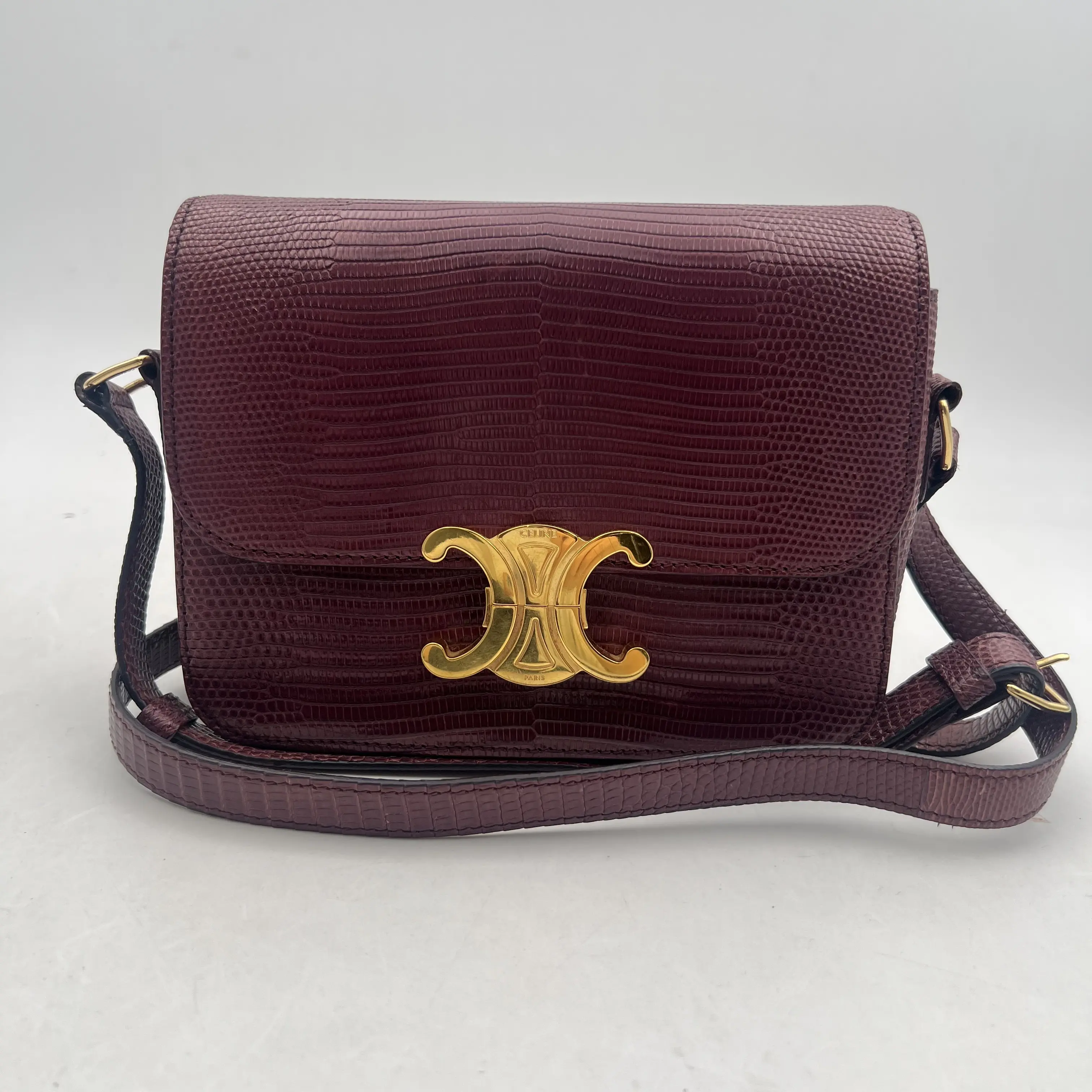 Pre-owned Celine Leather Shoulder Bags Triomphe Burgundy Lizard Grain Bag JM R0032