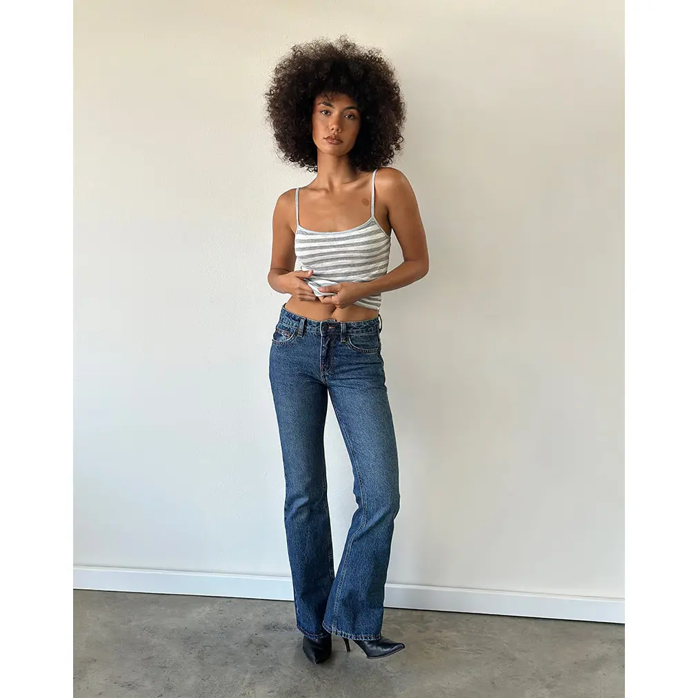 MOTEL Rigid Low Rise Flare Jeans In Mid Blue Used
