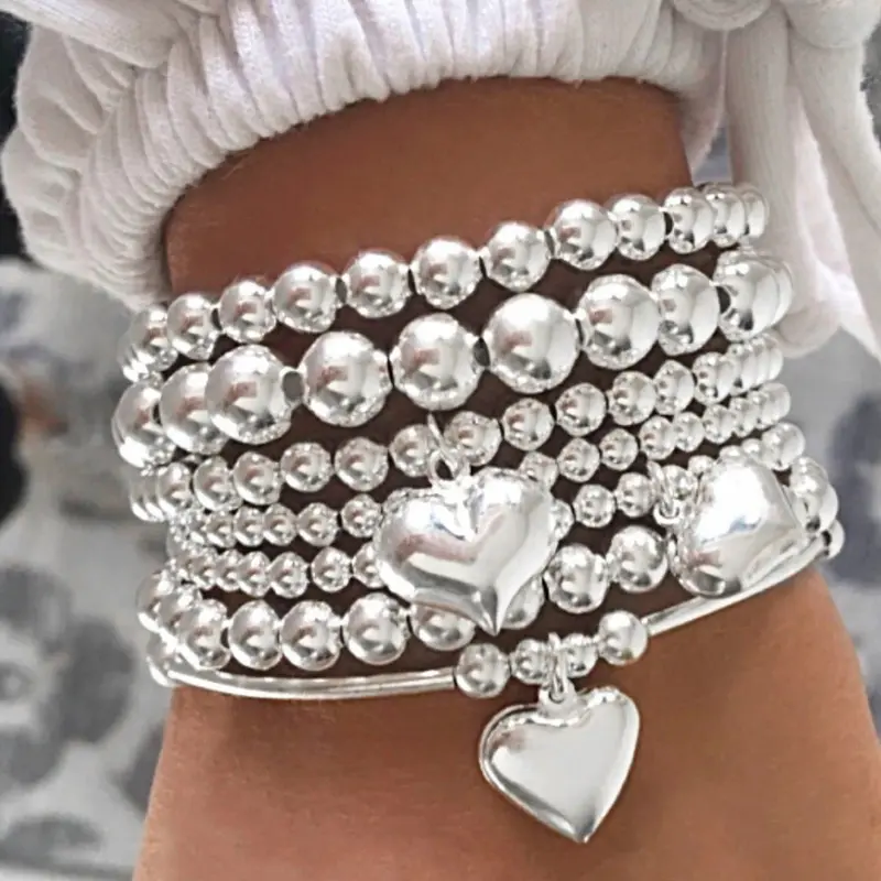Silver Beaded Heart Charm Bracelet Set for Women, 5Pcs Stackable Stretch Ball Bead Bracelets with Heart Pendant, Fashion Layered Jewelry Gift, Stacking, Stacked Design Bracelets