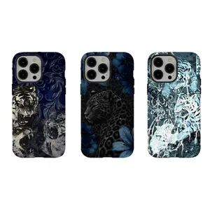 Noir Leopard & Floral Phone Case - M00dy Black & Blue Floral Feline Art Shockproof Cover,for iPhone 17/16/15/14/13/12/11 ProMax Plus for Samsung phones,an excellent gift for friend or fans.