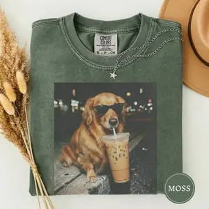 Comfort Colors Funny Golden Retriever Drinking Iced Coffee Shirt, Dog Meme Graphic Tee, Silly Novelty Shirt, Sarcastic Gift, Funny Shirt Women Men