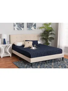 212 MAIN Casol Mid-Century Modern & Transitional Beige Fabric Upholstered Full Size Platform Bed, Engineered Wood Frame, 60.6x83.3x40.9 in, Engineered Wood Bed Frame, Upholstered Bed Frame