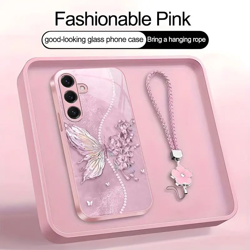 Suitable for [Galaxy S25] high-end phone case，a beautiful four-leaf clover lanyard is included,exquisite and dreamy butterfly pattern,a variety of colors are available for you to choose from YM99