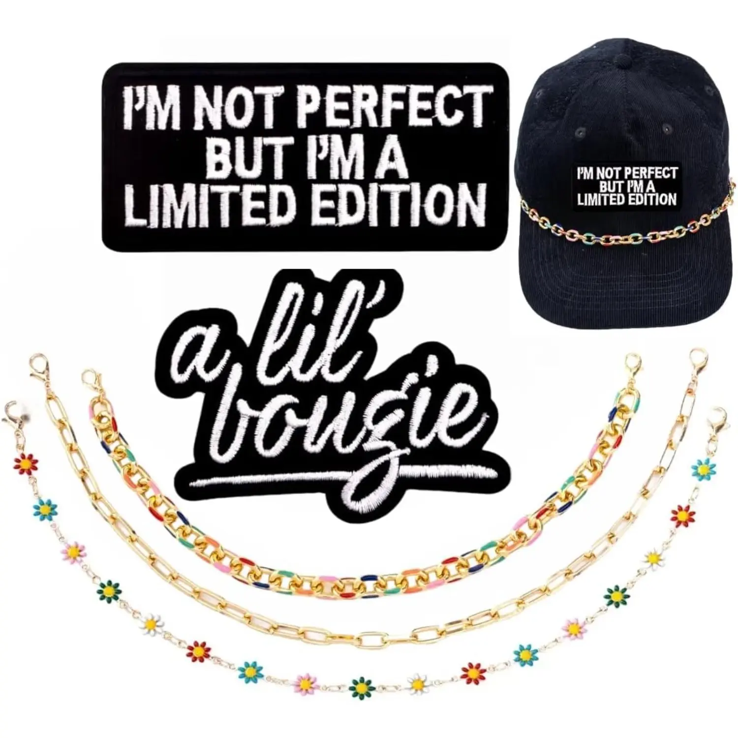 Trucker Hat Chains Charms 5 PCS, Iron On Patches I'm Not Perfect But I'm A Limited Edition and A Lil' Bougie Letter and 3 PCS Trucker Hats Chains for Mesh Baseball Caps for Women Men