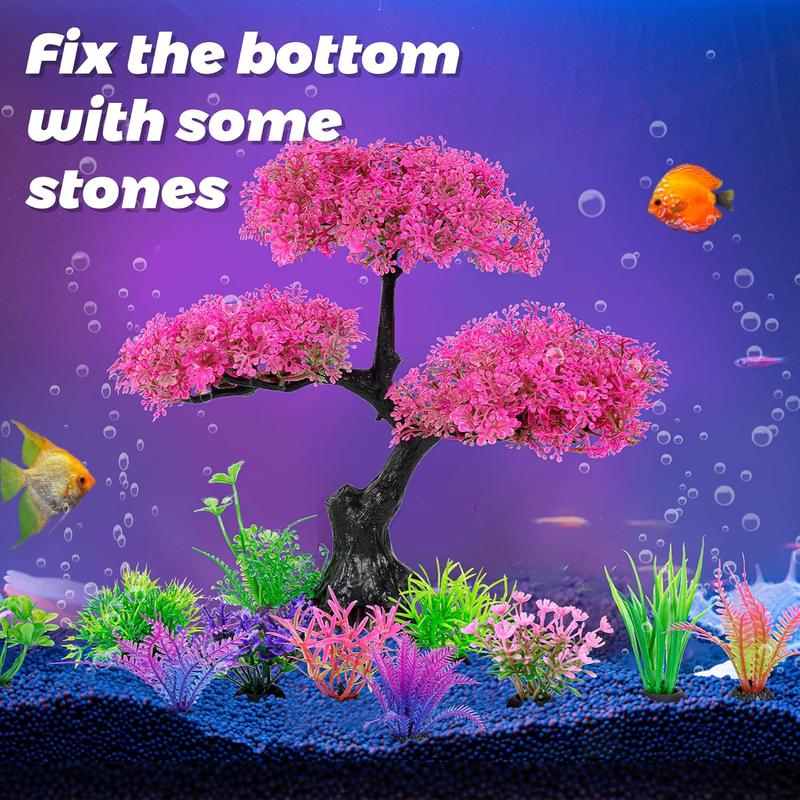 Aquarium Artificial Plastic Plants Decoration, Pink Cherry Blossom Tree