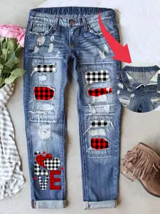 Women's Valentine's Day Ripped Print Jeans, Mid-Waist Boyfriend Style Washed Look, Loose Fit Denim Jeans, Elastic Waistband, All Seasons