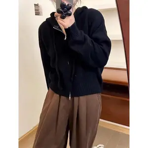 Women’s Casual Knitted Zip-Up Hoodie Jacket, Solid Earth Tones, Loose Fit for Autumn & Winter, Versatile Outerwear & Layering