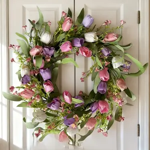 Spring & summer decorative wreath with tulip design, pink/purple floral bouquets, suitable for home, office and garden — the perfect gift for Mother's Day, Decorative Flowers, Artificial Flower Decoration
