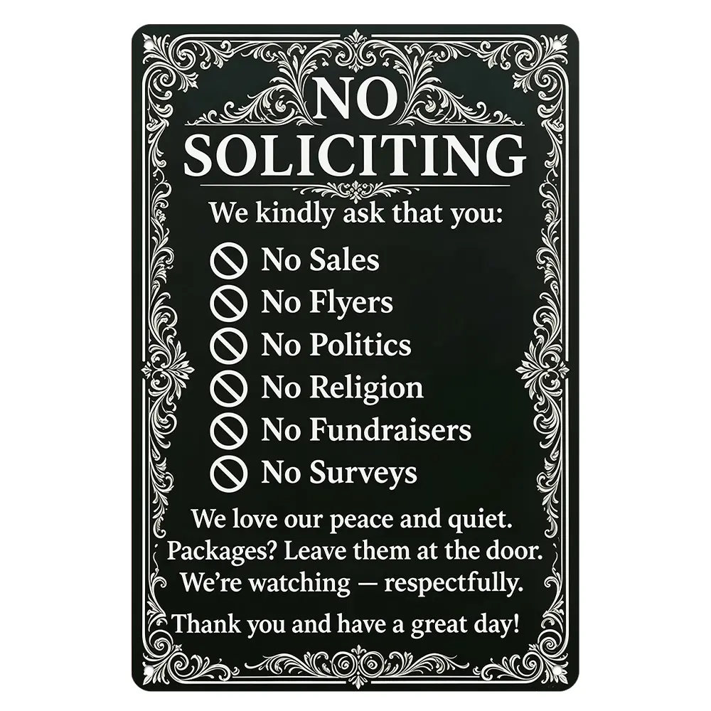 Black Vintage Ornate No Soliciting Aluminum Metal Sign 8x12in, Casual Front Porch Decor Home Supplies Plaque, Elegant Adult Home Business Door Wall Hanging, Blocks Sales, Politics, Religion, Fundraisers, Surveys, Flyers, Gift for Entryway