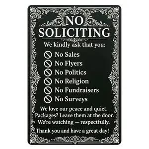 Black Vintage Ornate No Soliciting Aluminum Metal Sign 8x12in, Casual Front Porch Decor Home Supplies Plaque, Elegant Adult Home Business Door Wall Hanging, Blocks Sales, Politics, Religion, Fundraisers, Surveys, Flyers, Gift for Entryway