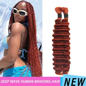 350 Braiding Hair 100g Deep Wave Bulk Human Hair for Braiding 2 Bundle 10A Brazilian Virgin Copper Human Hair Extensions for Boho Braids Wet and Wavy Dark Ginger Braiding Hair