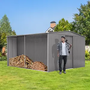 New  Outdoor  Storage  Shed  Has  Two  Functions : Metal  Shed  And  Firewood  Shed  14  ft  x  12  ft ,  More  Suitable  For  Winter  ,  Grey
