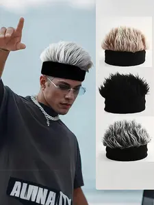 Men's Personalized Knitted Hat with Wig, Novelty Men's Wig Cap, Fashion No Brim Hat, Party Clothing Accessory, Sporty Short Hair Fake Wig, Headband Wig