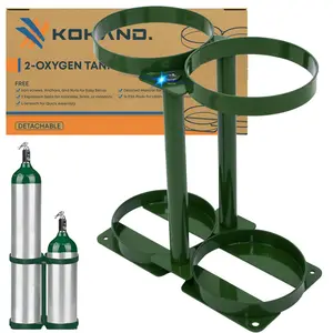 KOKAND Detachable Oxygen Tank Holder (2) for E, D, M9/C Size Cylinders - Heavy Duty Metal Storage Rack - Portable Oxygen Tank Carrier for Travel & Vehicle Use (Green) (4.5" Wide Slots)