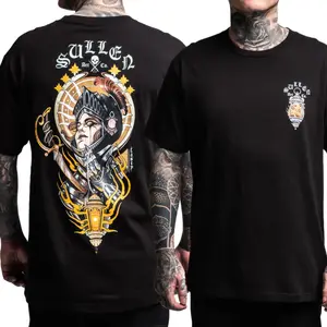 Sullen Knight Warrior Graphic T-Shirt – Black Gothic Streetwear Tee Featuring Medieval Helmet, Sword and Lantern Tattoo Style Design