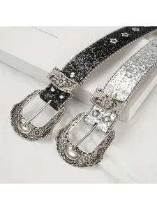 Luxury Rhinestone Thin Belt, PU Leather with Alloy Buckle, Ideal for Festivals, Parties & Daily Commutes, Rhinestone Decor Belt, Sparkling Western Belt