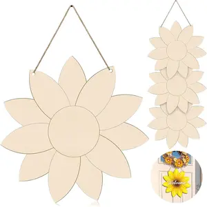 Unfinished Sunflower Wood Cutout Sunflower Sign Cutouts Sunflower Wood Door Hanger with 2.2 Yards Natural Rope for DIY Painting Hanging Welcome Sign Spring Summer Home Decoration 4