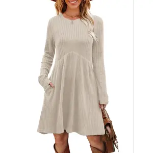 Women’s long-sleeve round-neck dress, fitted empire high-waist tunic dress with pockets, knit sweater dress, perfect for fall and winter, casual fashion for women