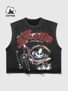 Men's Gothic Saint Eye Graphic Print Short Cotton Vest, Washed Sleeveless Design Top, Casual Street Style Summer Daily Wear Streetwear