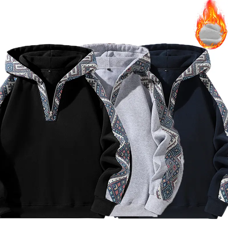 Stylish Design Ethnic Hoodie for Men, Autumn Winter Fleece Lined Long Sleeve Top, High-Quality Comfortable Activewear, A Must-Have for Casual Outings and Running, New Trendy Everyday Comfortable Attire