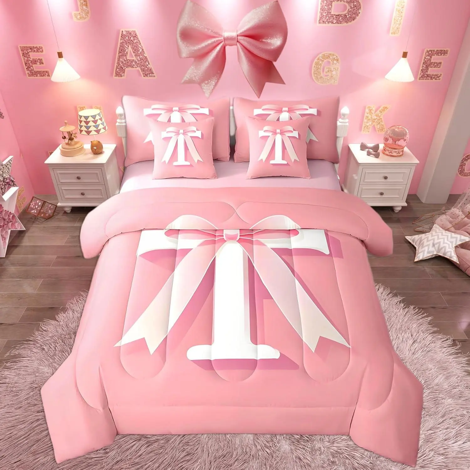 Kawaii Pink Bow Bed Set,,Decor Teen Girl Gifts Personalized Initial T 7 Pieces Beeding Set,Ultra Soft Monogrammed Bed in a Bag with Comforter,Sheets,Pillowcases Modern Fashion